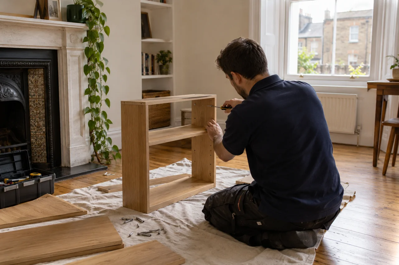 Handyman assembling oak furniture in a London home