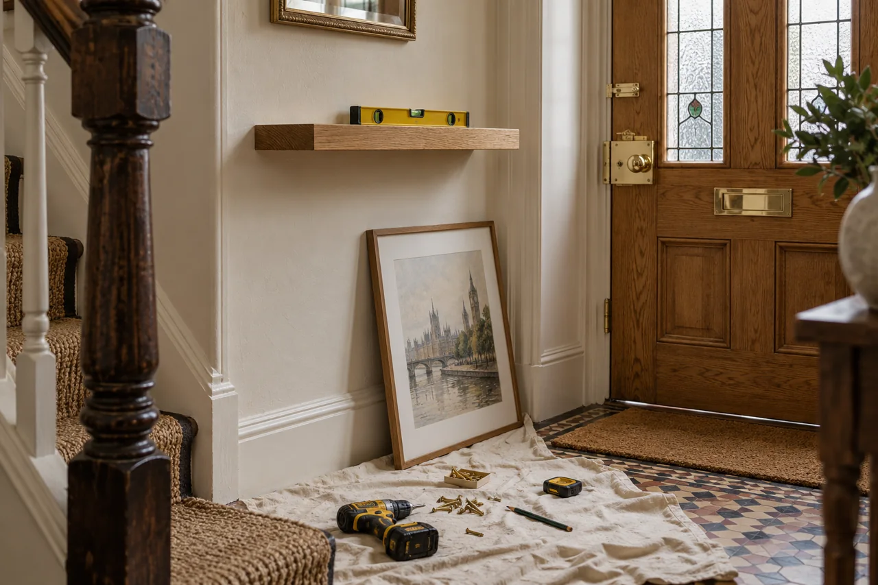 Oak door, shelving and tools in a British hallway