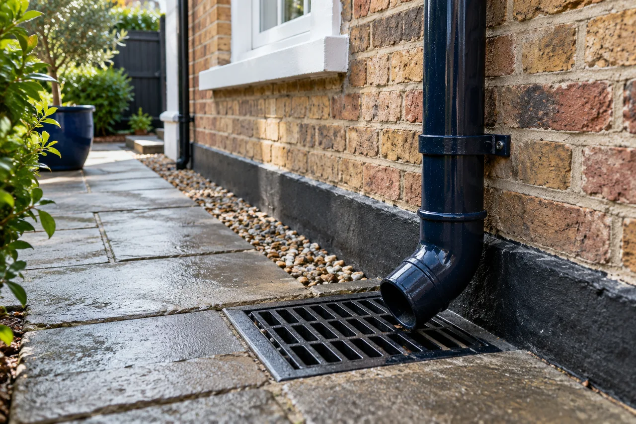 External drain gully and grid beside brick house