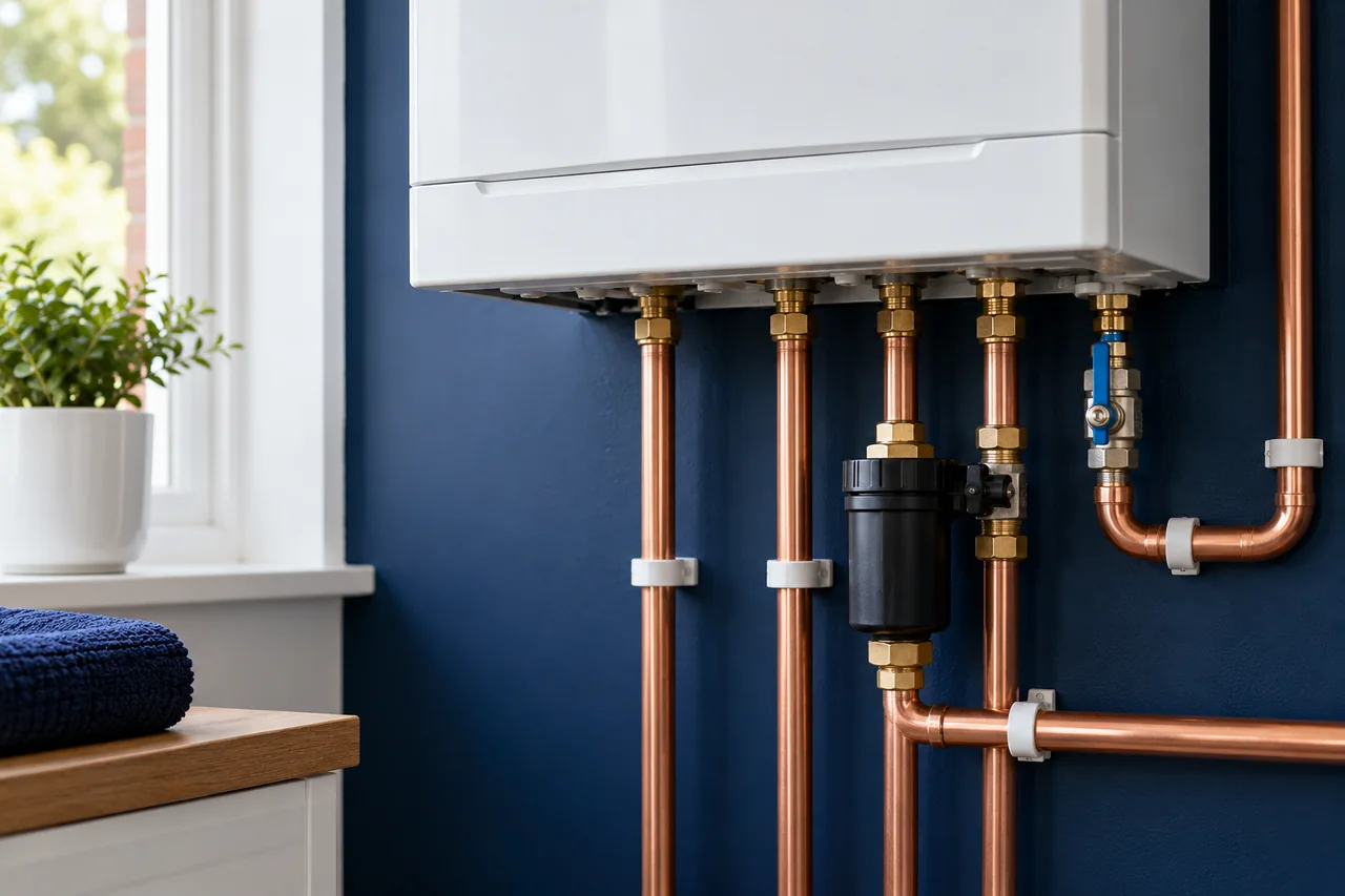 Neat boiler copper pipe connections viewed externally