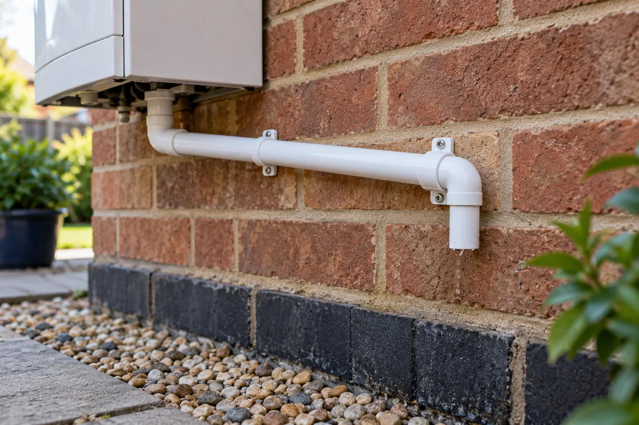 Boiler condensate pipe outside a British brick wall