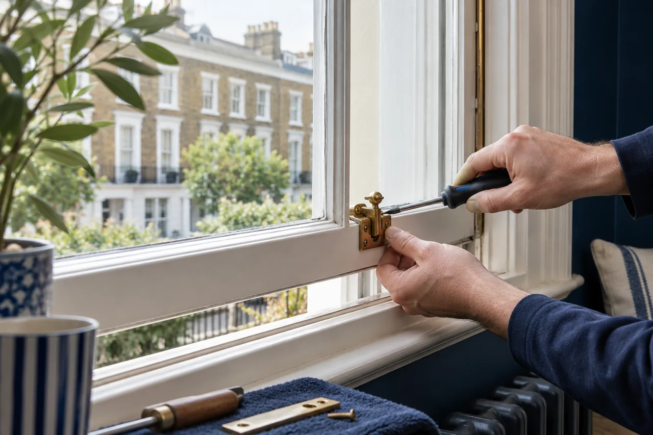 Timber window latch and frame repair detail in a London flat