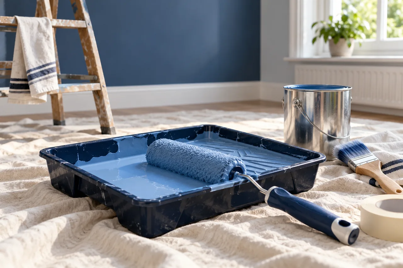 Paint roller tray with soft blue paint and clean decorating tools