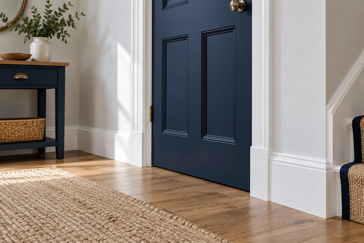 Freshly painted white timber skirting and navy internal door