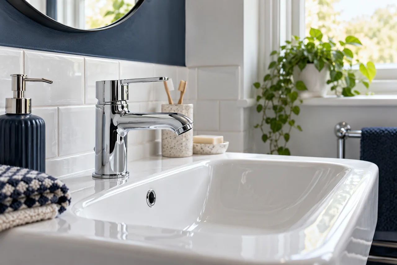 Chrome mixer tap and white basin in a bright British bathroom