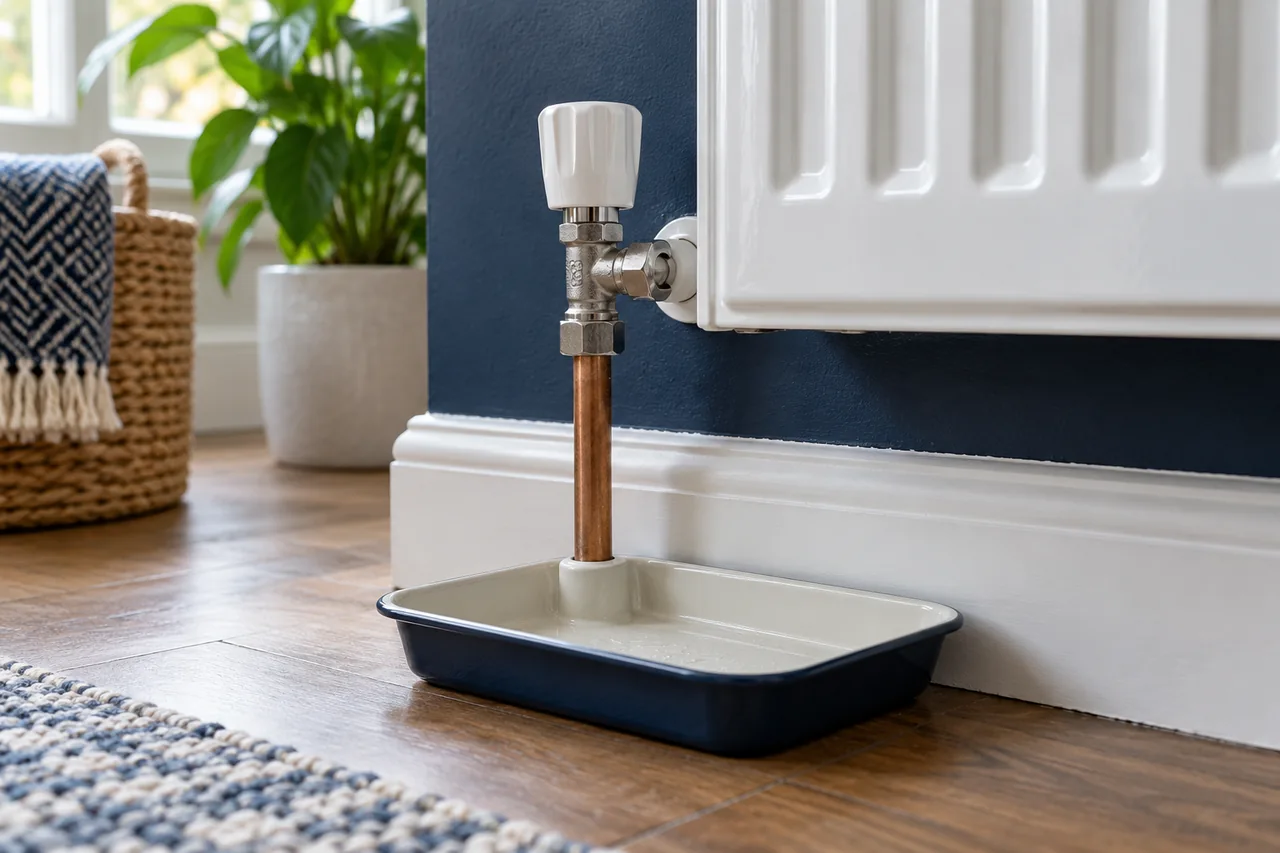 Close view of a radiator valve with a small catch tray below