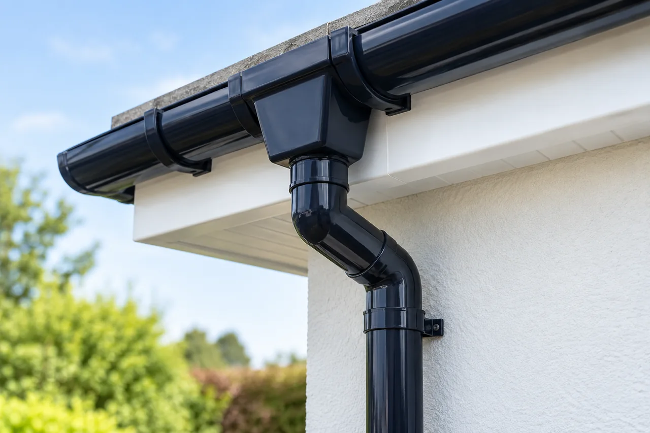 Clean black gutter outlet and rainwater downpipe junction