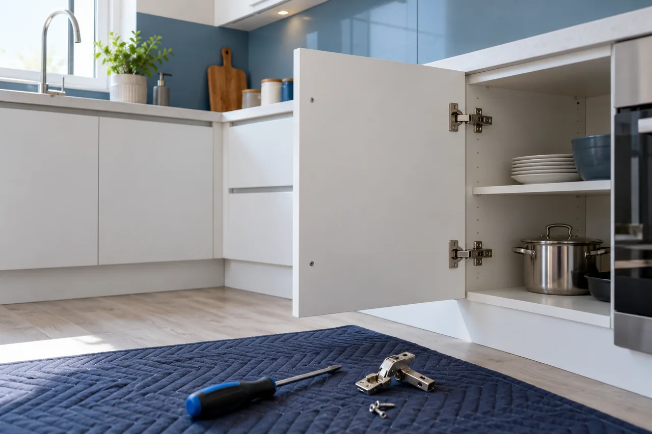 Kitchen cabinet hinge with compatible hardware ready for assessment