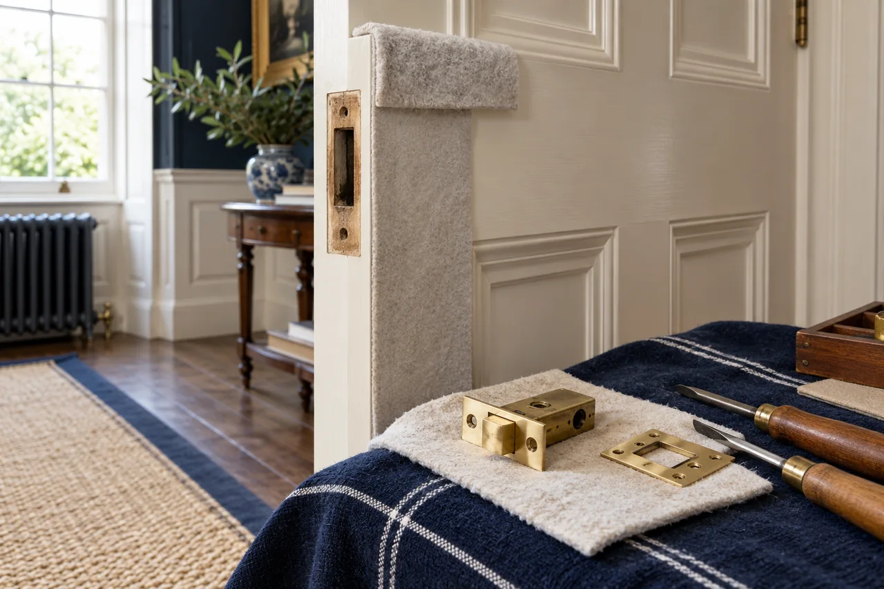 Brass latch and protected painted panelled door
