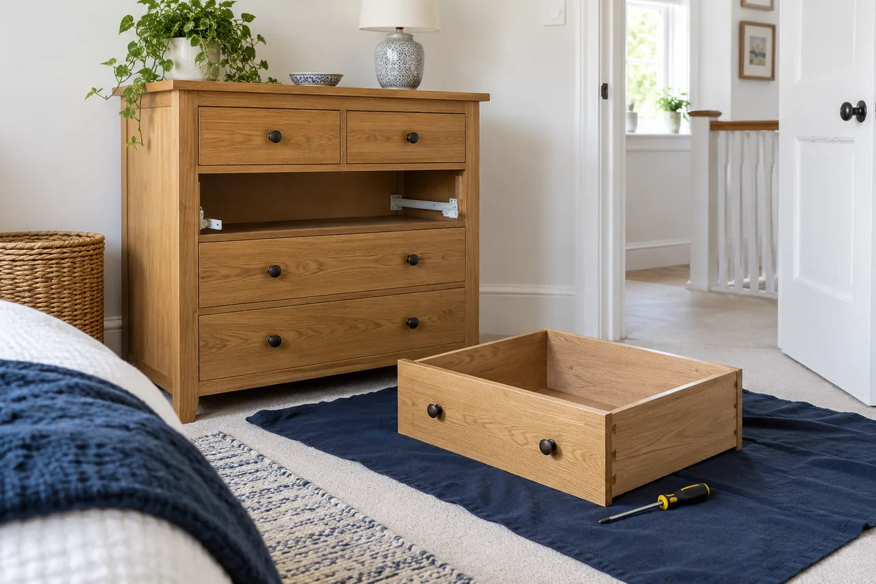 Chest drawer and runners laid out in a bedroom