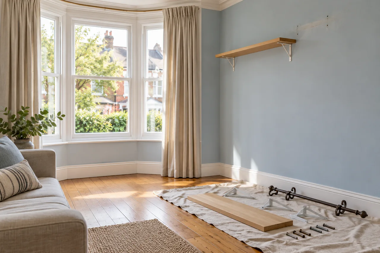 Curtain bracket and shelf components in a front room with bay window