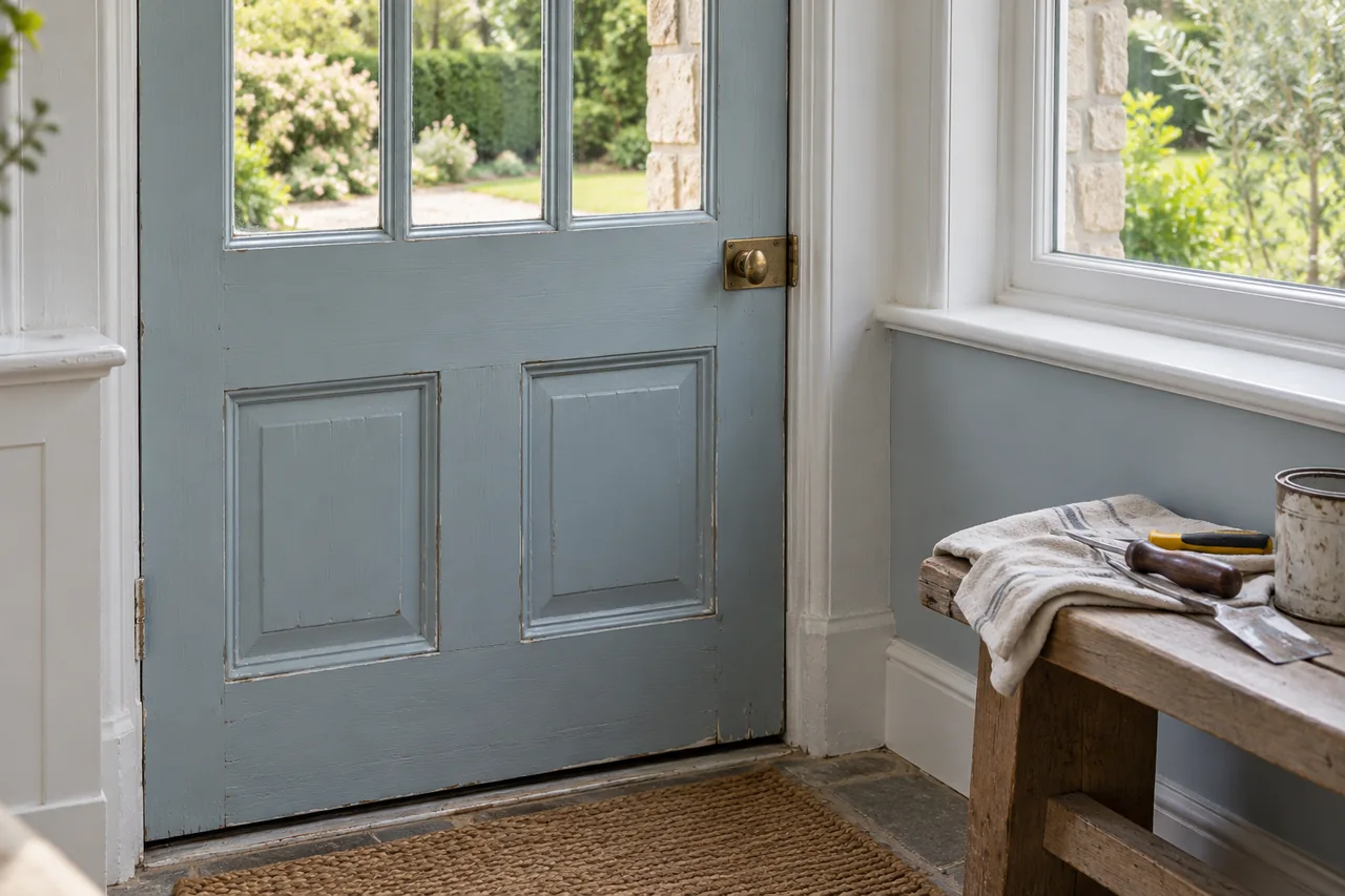 Painted timber door and latch beside a small maintenance work area