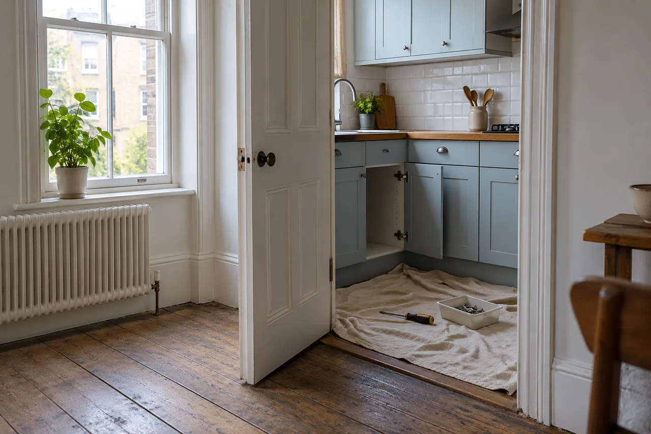 Compact kitchen doorway and cupboard hinge with repair tools on a protected floor