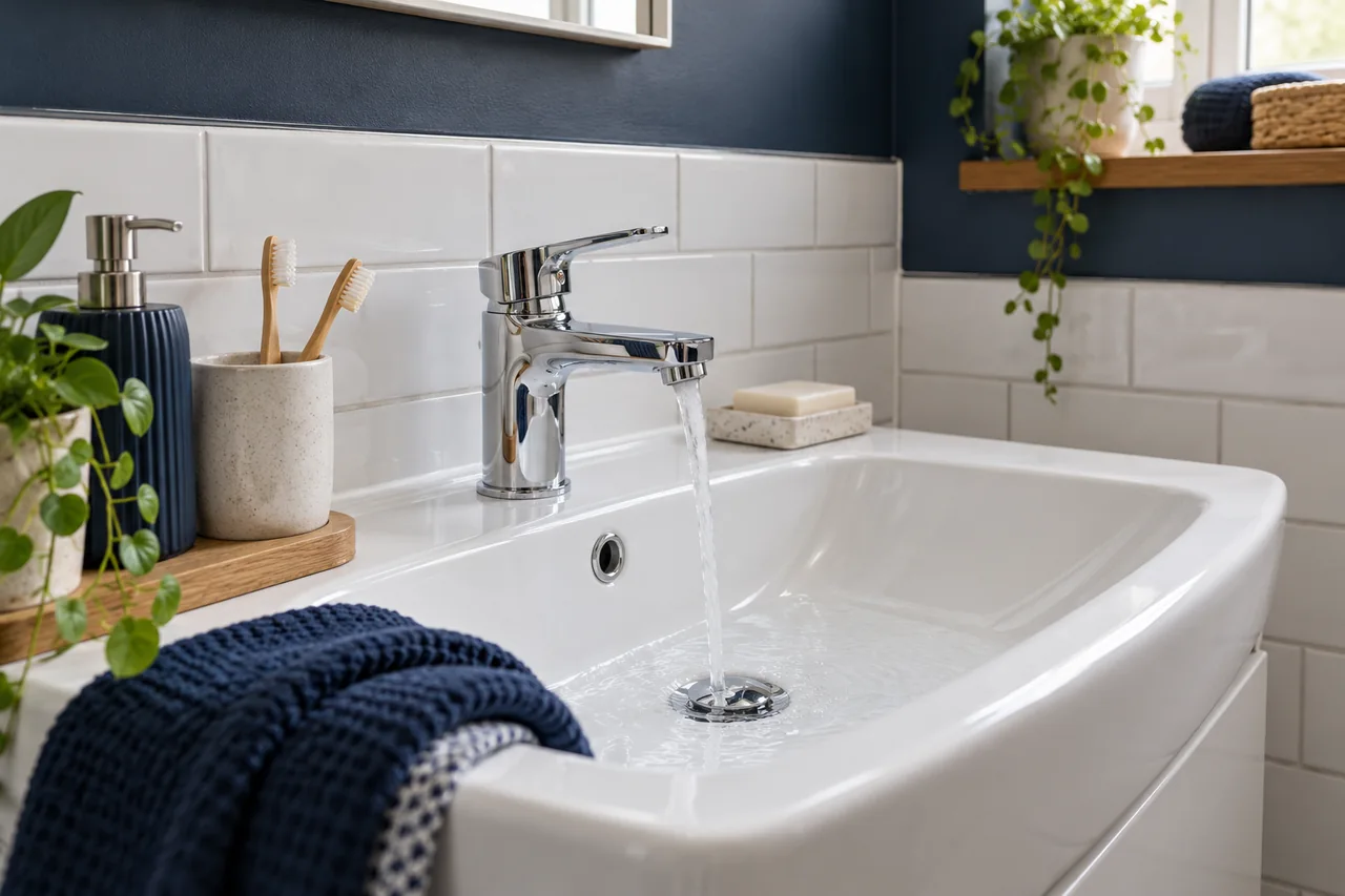 Bathroom basin, mixer tap and tiled splashback